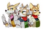  2014 anthro canid canine clothing eye_contact fox fox_mccloud gloves green_eyes group handwear jacket looking_at_another male mammal nemurism nintendo scarf simple_background smile square_crossover star_fox topwear video_games 
