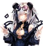  1girl animal_ears arknights bags_under_eyes bangs between_breasts black_hair blue_dress blue_jacket blush breasts brown_eyes china_dress chinese_clothes cleavage cleavage_cutout commentary dress eyewear_on_head feater_(arknights) grin hands_up heart highres jacket large_breasts long_hair long_sleeves looking_at_viewer multicolored_hair off_shoulder open_clothes open_jacket panda_ears pokan_(xz1128) round_eyewear silver_hair simple_background sleeveless sleeveless_dress smile solo spoken_heart streaked_hair sunglasses thick_eyebrows twintails upper_body w white_background 