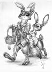  2019 absurd_res anthro barefoot basket bottomwear canid canine clothed clothing disney duo easter_egg fake_ears fake_rabbit_ears fox fully_clothed fur hi_res holding_object judy_hopps lagomorph leporid looking_at_another lupiarts mammal monochrome necktie nick_wilde pants rabbit red_fox shirt simple_background smile topwear white_background zootopia 