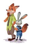  2015 anthro barefoot belt canid canine clothing disney duo eye_contact female fox judy_hopps lagomorph looking_at_another male mammal necktie nemurism nick_wilde police_uniform simple_background uniform zootopia 