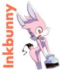  anthro bent_over bow breasts dash-the-cheetah eyelashes featureless_breasts female fur hi_res ink ink_bottle inkbunny inkbunny_(character) lagomorph leporid logo looking_at_viewer mammal mascot navel nude one_eye_closed pink_body pink_fur rabbit red_eyes solo standing text wink 