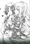  blush bra greyscale hanazono_shizuma lingerie looking_back monochrome multiple_girls non-web_source open_clothes petals rokujou_miyuki sakazuki_homare scan school_uniform strawberry_panic! underwear yuri 