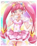  1girl :d ahoge choker cowboy_shot cure_star dress earrings hanzou highres hoshina_hikaru jewelry long_hair looking_at_viewer magical_girl open_mouth pink_eyes pink_hair pink_legwear pink_neckwear planet_hair_ornament precure rainbow_background single_thighhigh smile solo sparkle star star_choker star_twinkle_precure thighhighs twintails white_dress wrist_cuffs 