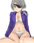  1girl bra breasts eyepatch final_fantasy final_fantasy_viii fujin fuujin_(ff8) fuujin_(final_fantasy_viii) gray_hair green_eyes grey_hair lingerie lips lobotomy_lab navel nullhachi open_clothes panties short_hair silver_hair sitting solo thighs underwear white_background white_bra white_panties 