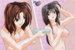  black_hair breasts brown_hair green_eyes kobayakawa_miyuki large_breasts multiple_girls nipples nude nude_filter purple_eyes shampoo short_hair showering third-party_edit tsujimoto_natsumi you're_under_arrest 