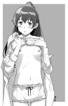  1girl alternate_costume bangs banned_artist blush eyebrows_visible_through_hair flat_chest greyscale hair_ornament hairclip kantai_collection kumano_(kantai_collection) long_hair long_sleeves makio_(makiomeigenbot) monochrome nipples open_clothes open_mouth ponytail shorts signature simple_background solo sweat 
