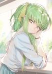  1girl alternate_costume alternate_hairstyle aqua_skirt bracelet c.c. chin_rest code_geass creayus green_hair jewelry long_hair looking_at_viewer ribbon skirt sleeves_rolled_up smile solo tree window windowsill yellow_eyes yellow_ribbon 