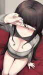  1girl arm_support arm_up bangs bare_legs black_hair blurry blurry_background blush breasts cleavage cleavage_cutout closed_mouth clothing_cutout commentary_request covering_eyes ddangbi depth_of_field facing_up facing_viewer from_above grey_sweater hair_tie highres indoors large_breasts long_hair long_sleeves original sitting smile solo sweater thighs very_long_hair 