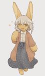  1other alternate_costume androgynous animal_ears brown_eyes casual eyebrows_visible_through_hair full_body furry highres kawasemi27 long_sleeves looking_at_viewer made_in_abyss nanachi_(made_in_abyss) parted_lips short_hair smile solo whiskers white_hair 