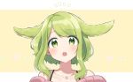  1girl :o animal_ears bangs bunny_ears collarbone green_eyes green_hair highres jewelry looking_at_viewer morinaka_kazaki necklace nijisanji notice_lines outline portrait short_hair_with_long_locks simple_background solo white_outline yellow_background yuama_(drop) 