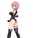  1girl absurdres ass back back_cutout bare_shoulders black_gloves black_legwear black_leotard blush breasts cleavage_cutout collar elbow_gloves fate/grand_order fate_(series) gloves hair_over_one_eye highleg highleg_leotard highres hioyami large_breasts lavender_hair leotard looking_at_viewer looking_back mash_kyrielight metal_collar open_mouth purple_eyes short_hair simple_background solo thighhighs thighs 