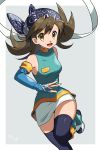  1girl :d bandana blue_gloves blue_shirt brown_eyes brown_hair fingerless_gloves gloves highres looking_at_viewer mint_(pokemon) open_mouth pokemon pokemon_(game) pokemon_card_gb pokemon_trading_card_game shirt sleeveless sleeveless_shirt smile solo yuihiko 