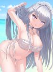  1girl alternate_costume azur_lane beach belfast_(azur_lane) bikini blue_sky blurry blurry_background blush braid breasts broken broken_chain chain cleavage cloud cloudy_sky collar commentary cowboy_shot day eyebrows_visible_through_hair french_braid hand_in_hair highres large_breasts lavender_eyes leaning_forward long_hair looking_at_viewer maid_headdress midriff navel ocean open_mouth outdoors silver_hair sky solo swimsuit thighs wet white_bikini yuutii 