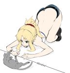  :p absurdres blonde_hair breasts cat character_name fate_(series) green_eyes hands_on_floor highres looking_at_another mordred_(fate)_(all) mordred_(swimsuit_rider)_(fate) scrunchie simple_background small_breasts takatun223 tongue tongue_out torn_clothes white_background 
