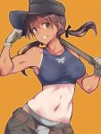  1girl belt brown_eyes brown_hair clenched_hand commentary_request em_(totsuzen_no_hakike) flexing gertrud_barkhorn gloves hat long_hair looking_at_viewer midriff muscle navel panties pose shovel smile solo strike_witches sweat tan tanline twintails underwear white_panties world_witches_series 