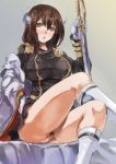  1girl azur_lane black_jacket black_skirt blush bottomless breasts brown_hair censored coat crossed_legs double-breasted epaulettes eyebrows_visible_through_hair eyelashes gloves grey_background hair_between_eyes highres horn_ornament jacket kneehighs large_breasts lips long_sleeves looking_at_viewer medium_hair mikasa_(azur_lane) military military_uniform miniskirt mosaic_censoring nipple_cutout nipples no_panties off_shoulder open_mouth orange_eyes pubic_hair pussy saber_(weapon) simple_background sitting skirt skirt_set solo sword thick_thighs thighs uniform weapon white_coat white_gloves white_legwear yohane 