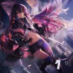  1girl bird black_hair breasts building choker city colored_inner_hair eyebrows_visible_through_hair feathers fingerless_gloves flying gloves gradient_hair grin hair_between_eyes highres jacket kamiya_miwo midriff multicolored_hair navel pink_hair popped_collar purple_hair red_eyes red_hair ren_(witch&#039;s_weapon) shirt short_shorts shorts small_breasts smile solo thighhighs white_shirt witch&#039;s_weapon zettai_ryouiki 
