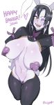  1girl ;d absurdres animal_ears black_hair blush breasts breasts_apart bunny_ears covered_nipples cropped_jacket earrings eyebrows_visible_through_hair facial_mark fake_animal_ears fake_tail fangs genderswap genderswap_(mtf) groin hair_between_eyes happy_easter heart highres huge_breasts jewelry lightsource long_hair makeup mature meme_attire naruto naruto_(series) navel one_eye_closed open_mouth orochimaru pale_skin pasties reverse_bunnysuit reverse_outfit simple_background smile solo tail text_focus thick_thighs thighs white_background wide_hips yellow_eyes 