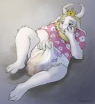  asgore_dreemurr beard blonde_hair boss_monster bovid caprine clothing crown diaper facial_hair feces flax_(artist) fur hair hi_res horn implied_erection long_ears male mammal messy_diaper scat shirt soiling solo stairs topwear undertale video_games white_body white_fur 