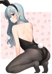  1boy :o animal_ears ass back bare_back bare_shoulders black_hairband black_legwear black_leotard blue_eyes blue_hair bulge bunny_ears bunny_tail bunnysuit crossdressing detached_collar fake_animal_ears from_behind hairband highres kneeling leotard long_hair looking_at_viewer looking_back male_focus mizuki_eiru_(akagi_kurage) original otoko_no_ko pantyhose solo strapless strapless_leotard tail 