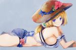  1girl aki_rosenthal arm_cuffs ass bangs bare_shoulders bikini blonde_hair blue_background blue_bikini blue_eyes bow breasts brown_headwear closed_mouth commentary detached_hair flower from_side hat hat_bow hat_flower hololive large_breasts long_hair looking_at_viewer lying midriff on_stomach parted_bangs see-through sideboob simple_background smile solo straw_hat swimsuit thighs virtual_youtuber yohane 