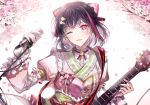  1girl bang_dream! bangs black_hair bow cherry_blossoms commentary electric_guitar floral_print frilled_sleeves frills guitar hair_bow hair_ornament hairclip instrument japanese_clothes kimono looking_at_viewer microphone_stand mitake_ran multicolored_hair nennen obi one_eye_closed open_mouth purple_eyes red_hair sash short_hair solo tied_sleeves two-tone_hair upper_body 