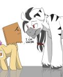  blush cloversden dialogue english_text equid equine fan_character hair hi_res horse long_hair mammal my_little_pony nervous paper_bag_(oc) pony que_bien_(oc) red_eyes reflection scar scared simple_background size_difference stripes text white_background zebra 