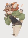  1girl alternate_costume animal_ears barefoot black_shirt casual coat cup full_body furry green_coat hat highres holding holding_cup kawasemi27 long_sleeves looking_at_viewer made_in_abyss medium_hair mitty_(made_in_abyss)_(furry) open_mouth red_eyes red_hair shirt shorts smile solo suspender_shorts suspenders tail whiskers 