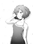  1girl akiyama_yukari bangs blush dress formal girls_und_panzer greyscale hand_in_hair head_tilt highres katsuragi_(webmaster909) looking_to_the_side messy_hair monochrome parted_lips shadow short_hair solo spaghetti_strap standing twitter_username 