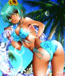  1girl ass bangs bikini breasts dark_skin day dr_rex eyebrows_visible_through_hair green_hair highres looking_at_viewer looking_back medium_breasts o-ring open_mouth original outdoors palm_tree sandals short_hair solo swimsuit tree yellow_eyes 