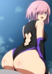  1girl arched_back ass back_cutout bangs bare_shoulders black_legwear black_leotard blush breasts commentary elbow_gloves fate/grand_order fate_(series) from_behind gloves hair_over_one_eye hera_(hara0742) highres large_breasts lavender_hair leotard looking_at_viewer looking_back mash_kyrielight open_mouth parted_bangs purple_eyes shiny shiny_skin short_hair simple_background smile solo steaming_body thigh_strap tongue 