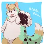  1:1 2020 anthro belly blue_eyes blush fur humanoid_hands kemono kota&acute; mammal overweight simple_background solo text tongue tongue_out white_body white_fur 