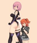  2girls absurdres ahoge ass back back_cutout bare_shoulders belt black_footwear black_gloves black_jacket black_legwear black_leotard black_scrunchie blush boots breasts cleavage_cutout closed_eyes closed_mouth collar elbow_gloves fate/grand_order fate_(series) fujimaru_ritsuka_(female) gloves grey_skirt hair_ornament hair_over_one_eye hair_scrunchie hands_together highleg highleg_leotard highres hioyami jacket kneeling large_breasts lavender_hair leotard looking_at_viewer looking_back mash_kyrielight medium_breasts metal_collar multiple_girls one_side_up open_mouth orange_hair polar_chaldea_uniform pouch praying purple_eyes scrunchie short_hair simple_background skirt smile thighhighs thighs 