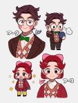  +_+ ... 1boy 1girl :d black_eyes blush_stickers bow bowtie brother_and_sister brown_hair character_name chibi commentary_request doubutsu_no_mori face fuuko_(doubutsu_no_mori) fuuta_(doubutsu_no_mori) glasses gold-framed_eyewear green_neckwear grey_background hair_bow highres kisaragi_yuu_(fallen_sky) long_sleeves open_mouth pink_bow red_hair short_hair siblings signature simple_background smile spoken_ellipsis suit_jacket yellow_legwear 