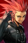  axel_(kingdom_hearts) black_coat black_gloves cloak coat forehead gloves green_eyes grin hand_up hankuri hood hood_down hooded_cloak kingdom_hearts long_sleeves looking_at_viewer male_focus parted_lips red_background red_hair smile solo spiked_hair upper_body 