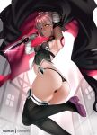  1girl arm_belt armpits artist_name ass bandaged_arm bandages black_legwear black_panties breasts cameltoe cape covered_nipples dagger dual_wielding eyebrows_visible_through_hair facial_scar fate/apocrypha fate_(series) glowing glowing_eyes hair_between_eyes highres holding holding_dagger holding_weapon house jack_the_ripper_(fate/apocrypha) looking_at_viewer looking_back lowleg lowleg_panties navel panties revealing_clothes scar scar_across_eye scar_on_cheek shaded_face short_hair shoulder_tattoo sideboob skindentation solo tattoo thighhighs thong underbust underwear weapon yellow_eyes zasshu 