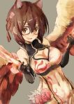  1girl alternate_costume animal_ears black-framed_eyewear black_gloves blush breasts brown_hair china_dress chinese_clothes cleavage cleavage_cutout covered_navel dress dual_wielding elbow_gloves fire flaming_sword flaming_weapon flower glasses gloves grey_background hair_flower hair_ornament hair_ribbon highres holding hololive looking_at_viewer medium_breasts open_mouth orange_eyes phoenix_wings ribbon roboco-san roboco_ch. short_hair simple_background sleeveless sleeveless_dress smile solo virtual_youtuber yohane 