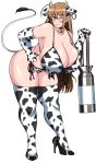  1girl ahoge animal_ears animal_print bell bikini blue_eyes breasts brown_hair cleavage container cow_bell cow_ears cow_horns cow_print curvy elbow_gloves front-tie_bikini front-tie_top full_body gigantic_breasts gloves hand_on_hip high_heels highres horns huge_breasts long_hair one_eye_closed ooba_minori original plump side-tie_bikini simple_background smile solo swimsuit thick_thighs thighhighs thighs white_background 