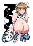  1girl ahoge animal_ears animal_print bikini blue_eyes breasts brown_hair cleavage cow_ears cow_horns cow_print earrings elbow_gloves gigantic_breasts gloves highres horns huge_breasts jewelry komusou_(jinrikisha) long_hair looking_at_viewer ooba_minori original pasties sitting solo stud_earrings swimsuit thick_thighs thighhighs thighs wariza 