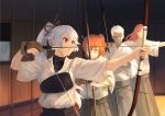  2boys 2girls :o albino archer archery archery_dojo arrow bow character_request dark_skin fate/grand_order fate_(series) fujimaru_ritsuka_(female) hair_bow highres japanese_clothes japanese_house jhc_kai long_hair multiple_boys multiple_girls muneate orange_eyes pale_skin ponytail red_bow red_eyes red_hair short_hair side_ponytail tomoe_gozen_(fate/grand_order) tristan_(fate/grand_order) white_hair 