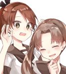  2girls ayanami_(kantai_collection) bangs blush brown_eyes brown_hair brown_sailor_collar closed_eyes eyebrows_visible_through_hair hair_ribbon highres kantai_collection katsuobushi_(eba_games) long_hair multiple_girls open_mouth ponytail ribbon sailor_collar school_uniform serafuku shikinami_(kantai_collection) short_sleeves side_ponytail simple_background sweat upper_body white_background 