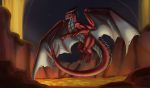  absurd_res digital_drawing_(artwork) digital_media_(artwork) dragon feral fire hi_res horn insignium katruna94 looking_at_viewer male open_mouth red_dragon simple_background solo tongue volcano wings 