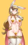  1girl animal_ears between_breasts blonde_hair blush breasts bunny_ears cape choker commission covered_nipples fake_animal_ears fire_emblem fire_emblem_heroes flower gloves gradient_hair green_eyes groin hair_flower hair_ornament highres large_breasts long_hair maebari meme_attire multicolored_hair navel partially_visible_vulva pasties pink_hair ponytail revealing_clothes reverse_bunnysuit reverse_outfit sharena simple_background solo sweat sweatdrop thighhighs white_gloves white_legwear wrist_cuffs yellow_background ytrall 