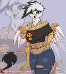  absurd_res anthro avian bottomwear bra_straps clothing dragonballs female fishnet fishnet_topwear ginger_feathershy green_eyes gryphon hi_res jeans mythological_avian mythology pants pinktabico thong_straps torn_bottomwear torn_clothing torn_jeans torn_pants wings 