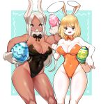  2020 animal_humanoid anthro big_breasts blonde_hair bow_tie breasts carrot_(one_piece) cleavage clothed clothing crossover duo easter_egg female hair hi_res holding_object humanoid kenron_toqueen lagomorph lagomorph_humanoid leotard leporid leporid_humanoid long_hair looking_at_viewer mammal mammal_humanoid minkmen_(one_piece) miruko muscular muscular_female my_hero_academia one_piece open_mouth rabbit rabbit_humanoid red_eyes short_hair smile white_hair 