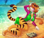  2020 anthro beach black_stripes brown_hair clothed clothing day detailed_background digital_media_(artwork) felid female fur hair imanika mammal orange_body orange_fur outside pantherine pink_eyes sand seaside shoreline sky solo striped_body striped_fur stripes tiger water 