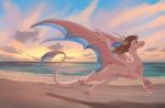  2020 4_claws beach brown_hair claws day detailed_background digital_media_(artwork) dragon female feral hair hi_res horn icelectricspyro membrane_(anatomy) membranous_wings outside sand scalie seaside shoreline sky solo water western_dragon wings 