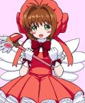  1girl antenna_hair blush_stickers bonnet bow brown_hair cardcaptor_sakura commentary cowboy_shot dress english_commentary finalcake fuuin_no_tsue gloves green_eyes kinomoto_sakura looking_at_viewer magical_girl red_bow red_dress short_hair smile solo white_gloves white_wings wings 