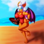  1:1 absurd_res beach big_breasts breasts chaossabre chiropteran cleavage clothed clothing cute_fangs female hi_res huge_breasts lifeguard mammal rouge_the_bat running sea seaside solo sonic_the_hedgehog_(series) swimwear water wide_hips wings wristband 
