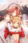  2girls black_veil blonde_hair breasts dress elbow_gloves fate/apocrypha fate/grand_order fate_(series) frankenstein&#039;s_monster_(fate) gloves green_eyes grin hair_over_eyes headgear highres horn hug hug_from_behind light_blush long_sleeves looking_at_viewer medium_breasts medium_hair mordred_(fate) mordred_(fate)_(all) multiple_girls no-kan one_eye_closed pink_hair short_hair smile underboob white_dress white_gloves 